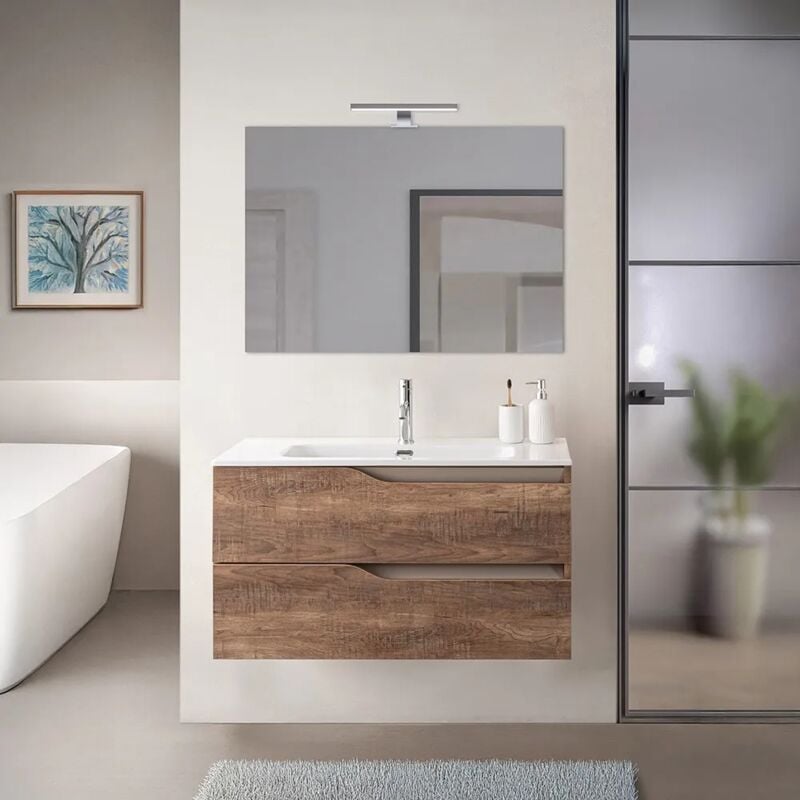 foto del prodotto mobile bagno sospeso 100cm tabacco e tortora con lavabo e specchio sumya