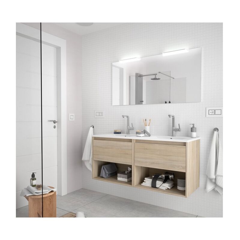 foto del prodotto mobile bagno sospeso 120 cm 2 cassetti e 2 vani in legno marrone caledonia con lavabo a incasso nova 120 cm con doppio specchio e led