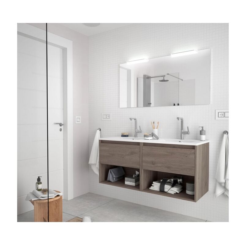 foto del prodotto mobile bagno sospeso 120 cm 2 cassetti e 2 vani in legno rovere eternity con lavabo a incasso nova 120 cm standard