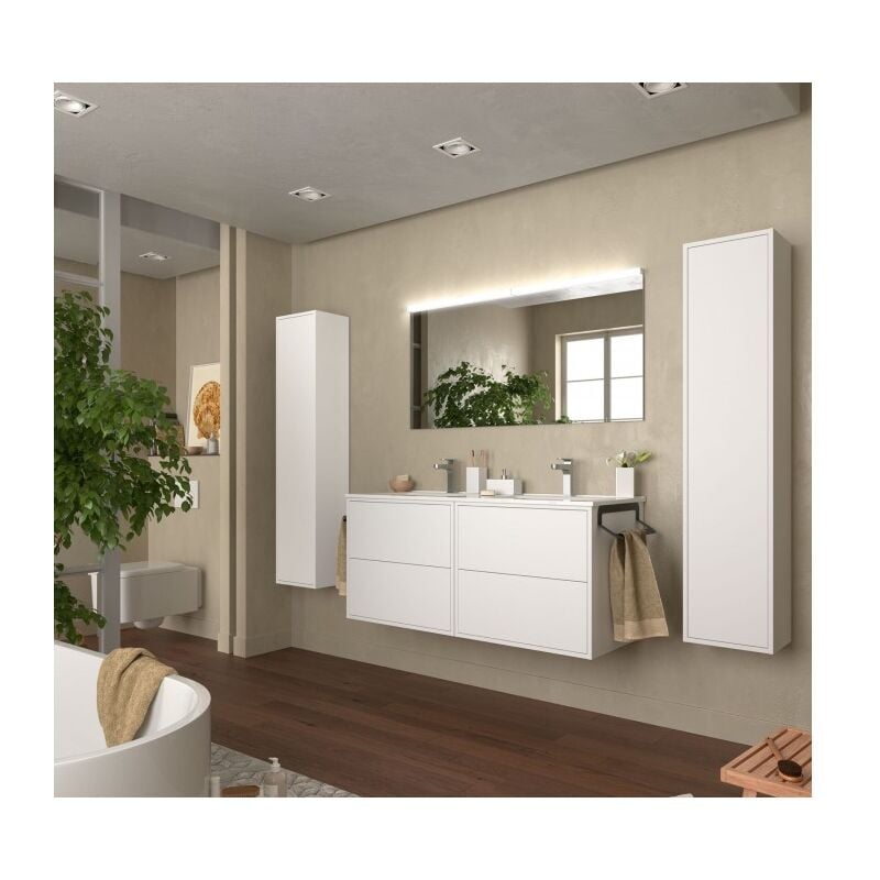 foto del prodotto mobile bagno sospeso 120 cm 4 cassetti in legno bianco satinato con lavabo ad incasso in porcellana olympus 120 cm standard
