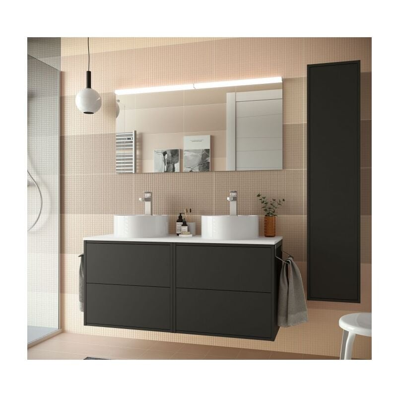 foto del prodotto mobile bagno sospeso 120 cm 4 cassetti in legno nero opaco con doppio lavabo d appoggio olympus 120 cm standard