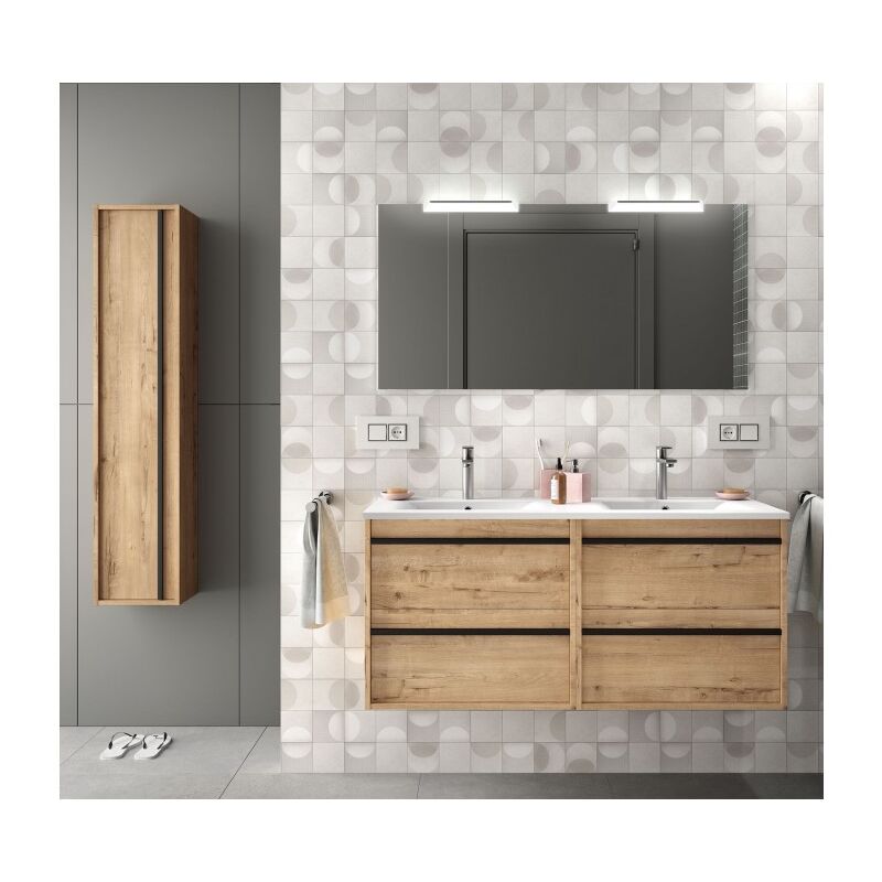 foto del prodotto mobile bagno sospeso 120 cm 4 cassetti in legno rovere ostippo con lavabo a incasso astoria 120 cm con doppio specchio e led