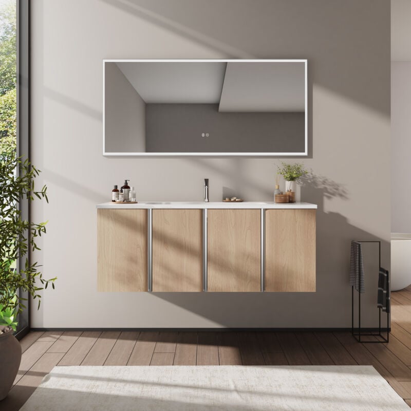 foto del prodotto mobile bagno sospeso 120 cm, lavabo in mineral cast, 4 ante con chiusura ammortizzata sabbia dorata