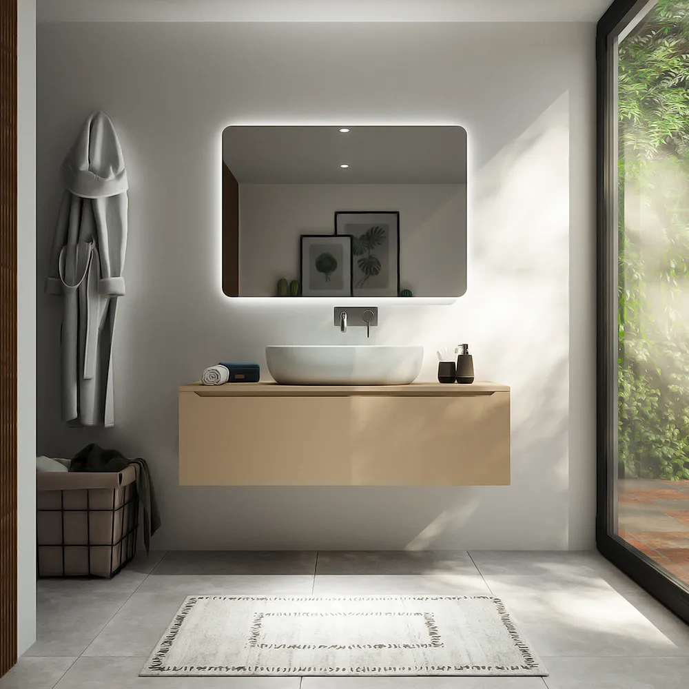 foto del prodotto mobile bagno sospeso 120 cm sabbia opaco un cassettone con top bako