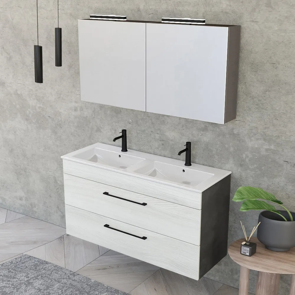 foto del prodotto mobile bagno sospeso 120 cm smart bianco legno lava con specchio contenitore