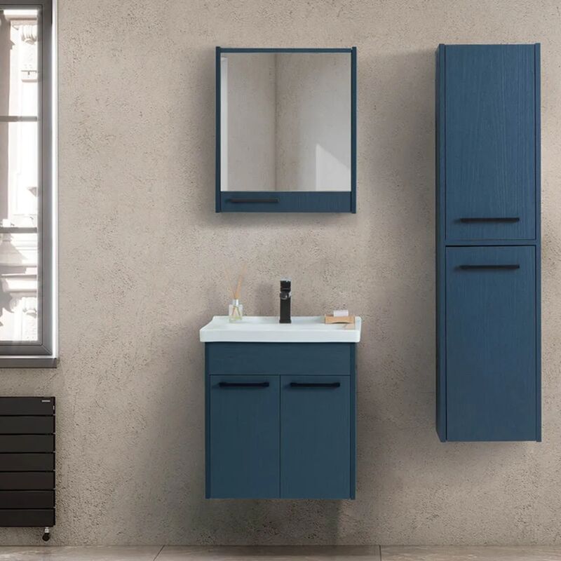 foto del prodotto mobile bagno sospeso 55 cm blu effetto legno con armadietto a specchio sofia