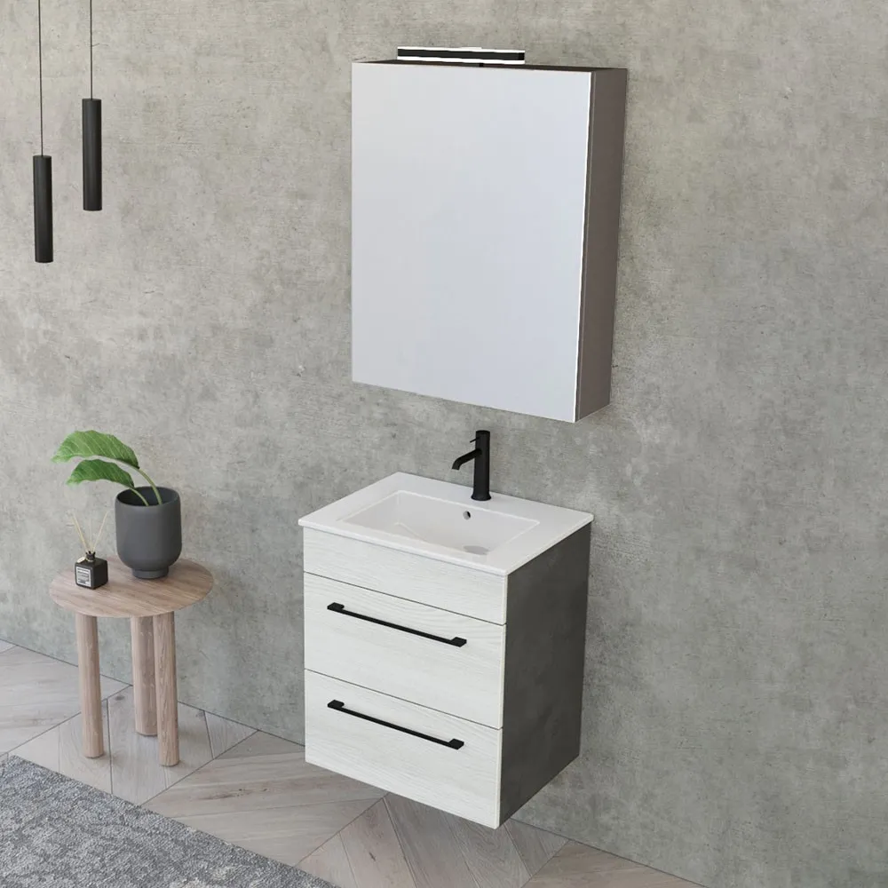 foto del prodotto mobile bagno sospeso 55 cm smart bianco legno lava con lavabo e specchio