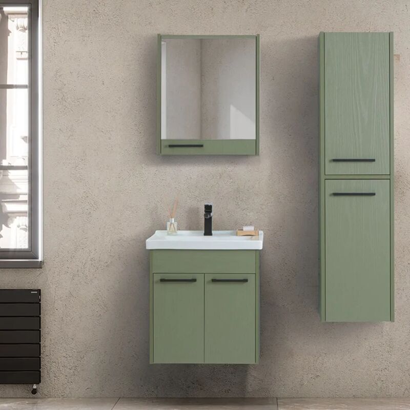 foto del prodotto mobile bagno sospeso 55 cm verde effetto legno con armadietto a specchio sofia