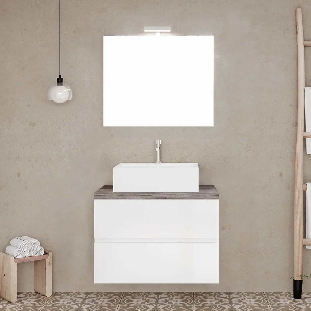 foto del prodotto mobile bagno sospeso 60 bianco top rovere fossile con specchio led town