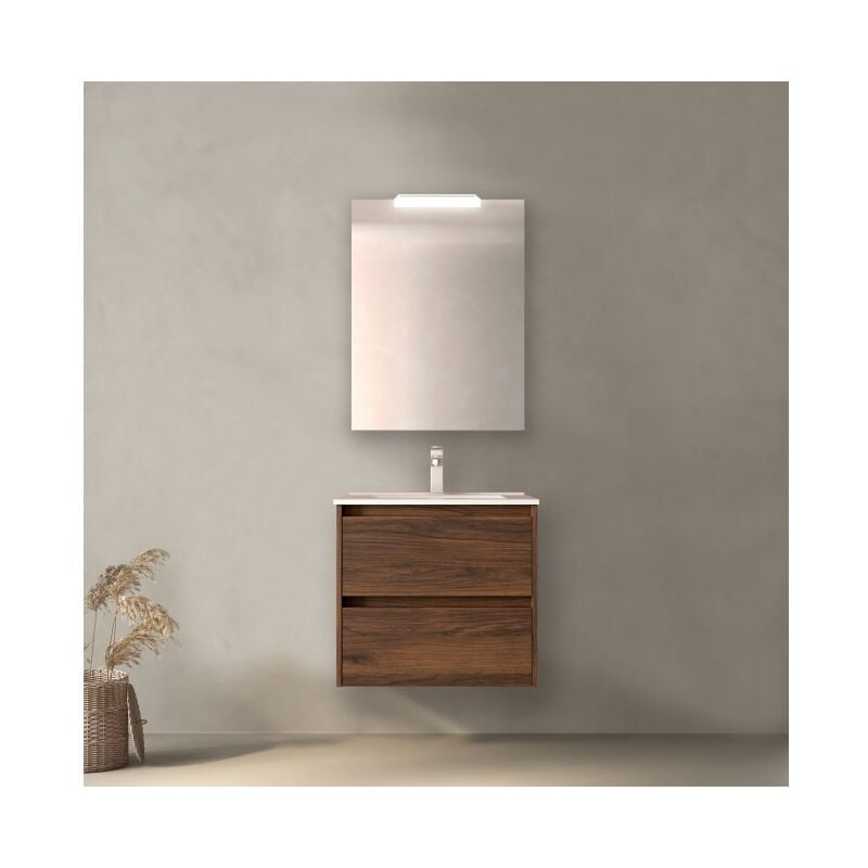 foto del prodotto mobile bagno sospeso 60 cm 2 cassetti in legno noce maya con lavabo in porcellana nova 60 cm con specchio e lampada led
