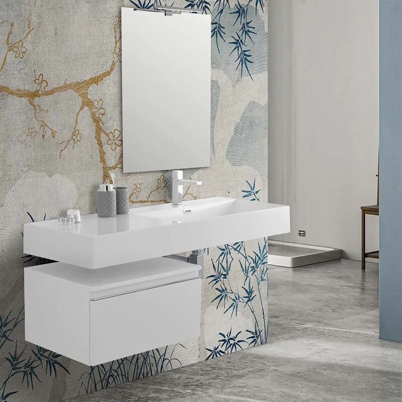 foto del prodotto mobile bagno sospeso 60 cm bianco lucido lavabo 120 destro e specchio iside