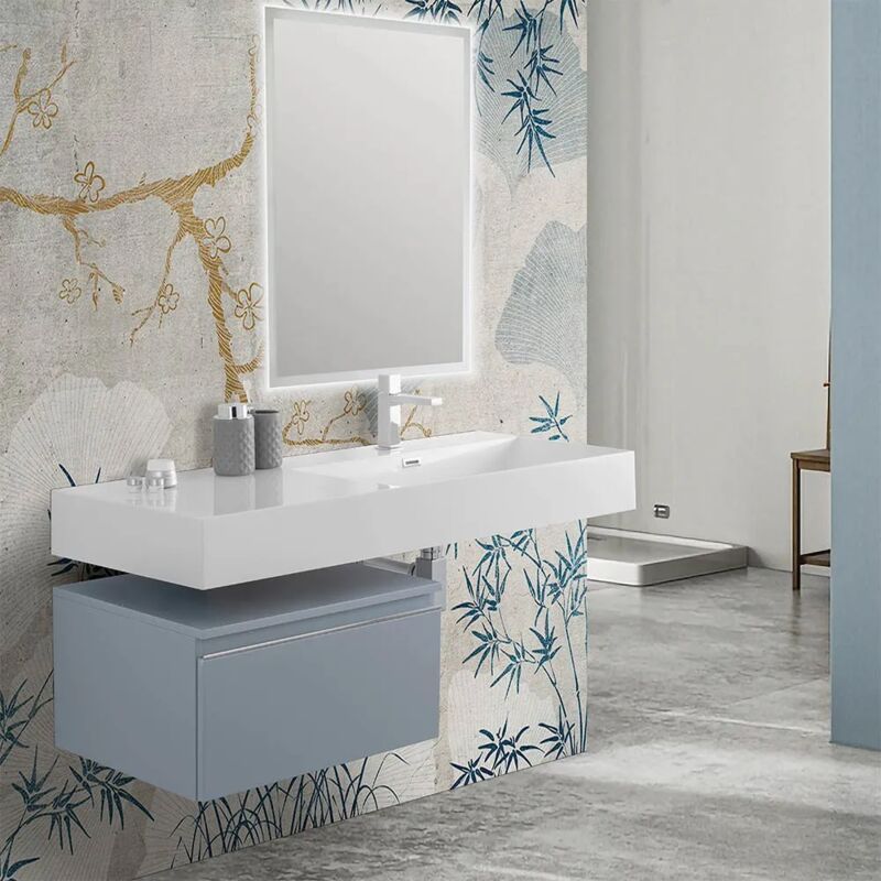 foto del prodotto mobile bagno sospeso 60 cm blu pastello lavabo 120 destro e specchio led iside