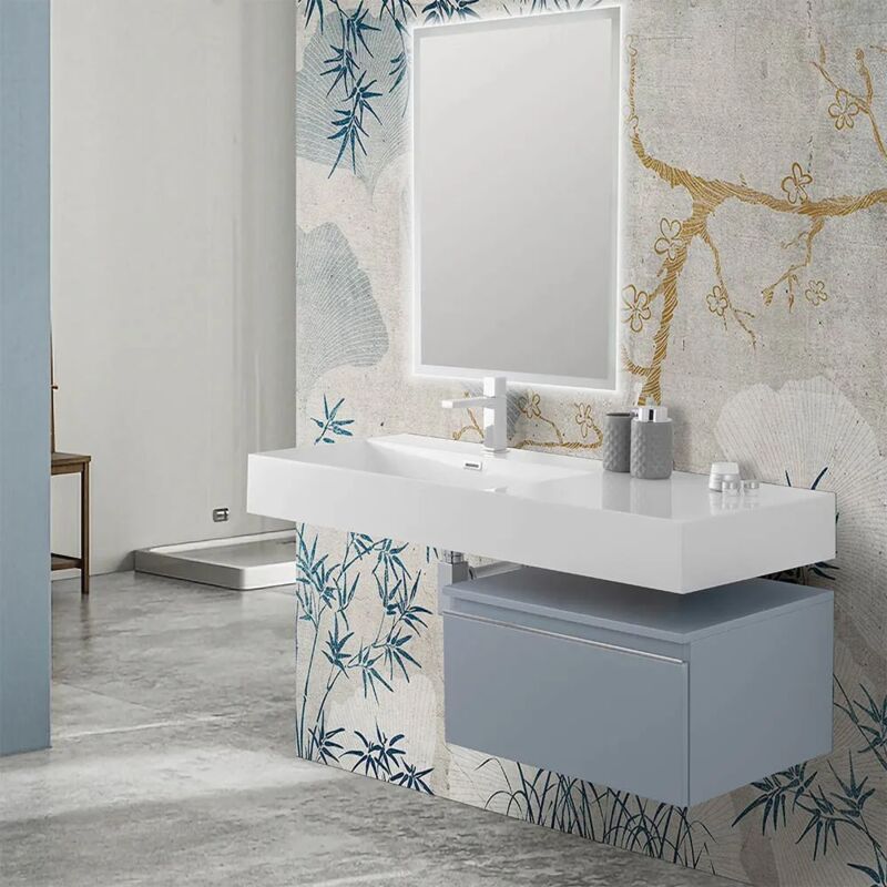 foto del prodotto mobile bagno sospeso 60 cm blu pastello lavabo 120 sinistro e specchio led iside
