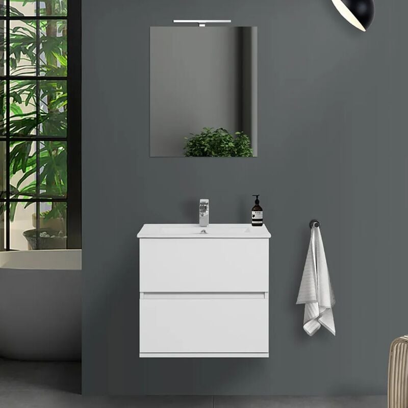 foto del prodotto mobile bagno sospeso 60 cm duble bianco lucido con lavabo e specchio