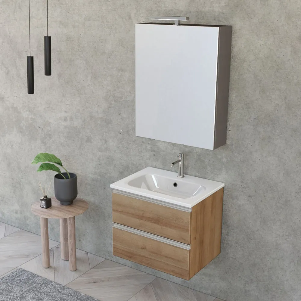 foto del prodotto mobile bagno sospeso 60 cm master rovere miele con specchio contenitore