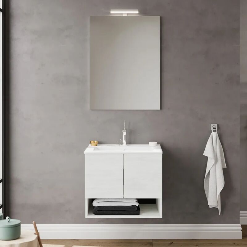 foto del prodotto mobile bagno sospeso 60 rovere bianco con lavabo e specchio led oslo