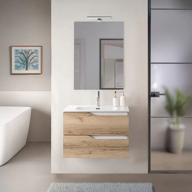 foto del prodotto mobile bagno sospeso 60cm quercia e bianco con lavabo e specchio sumya