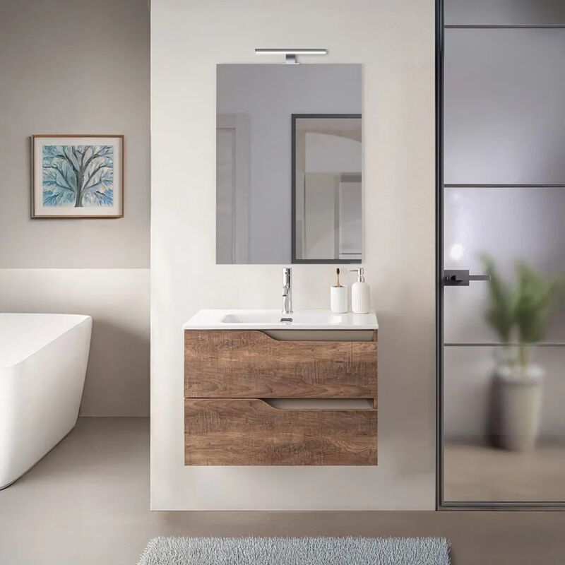 foto del prodotto mobile bagno sospeso 60cm tabacco e tortora con lavabo e specchio sumya