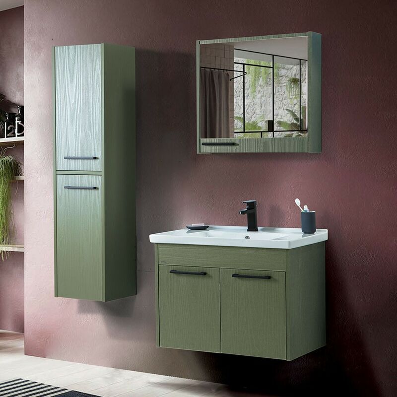 foto del prodotto mobile bagno sospeso 65 cm verde effetto legno con armadietto a specchio sofia