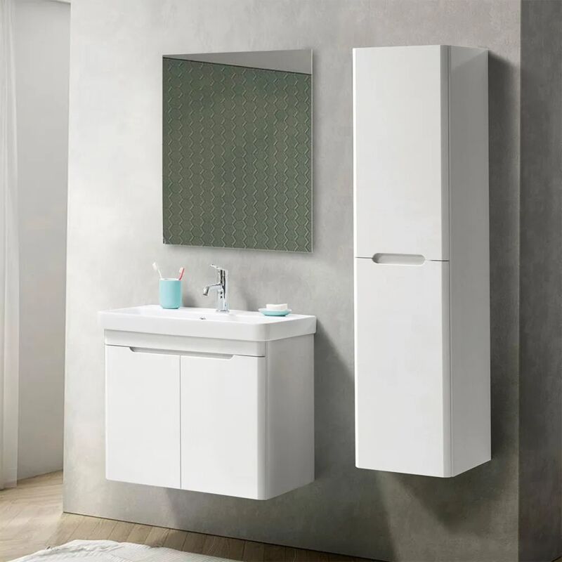 foto del prodotto mobile bagno sospeso 70 cm bianco lucido salvaspazio con specchio clip