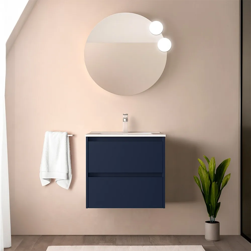 foto del prodotto mobile bagno sospeso 70 cm blu satinato con specchio e lavabo gaya