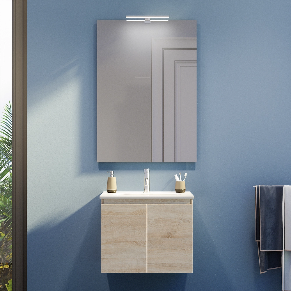 foto del prodotto mobile bagno sospeso 70 cm due ante rovere chiaro lavabo e specchio yili