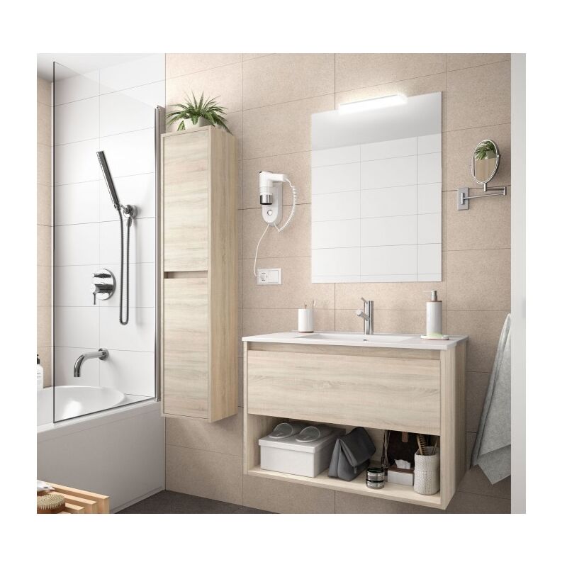 foto del prodotto mobile bagno sospeso 80 cm 1 cassetto e 1 vano in legno rovere caledonia con lavabo a incasso nova 80 cm standard