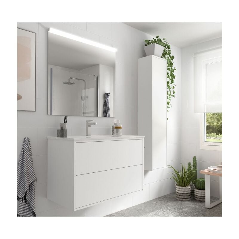 foto del prodotto mobile bagno sospeso 80 cm 2 cassetti in legno bianco opaco con lavabo a incasso olympus 80 cm con doppia colonna specchio e lampada led