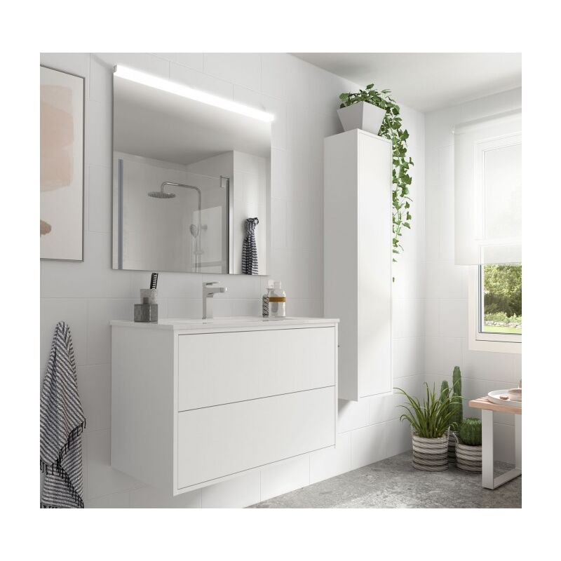 foto del prodotto mobile bagno sospeso 80 cm 2 cassetti in legno bianco opaco con lavabo a incasso olympus 80 cm con specchio e lampada led
