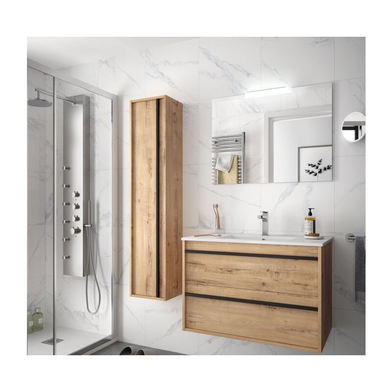 foto del prodotto mobile bagno sospeso 80 cm 2 cassetti in legno rovere ostippo con lavabo a incasso astoria 80 cm con colonna