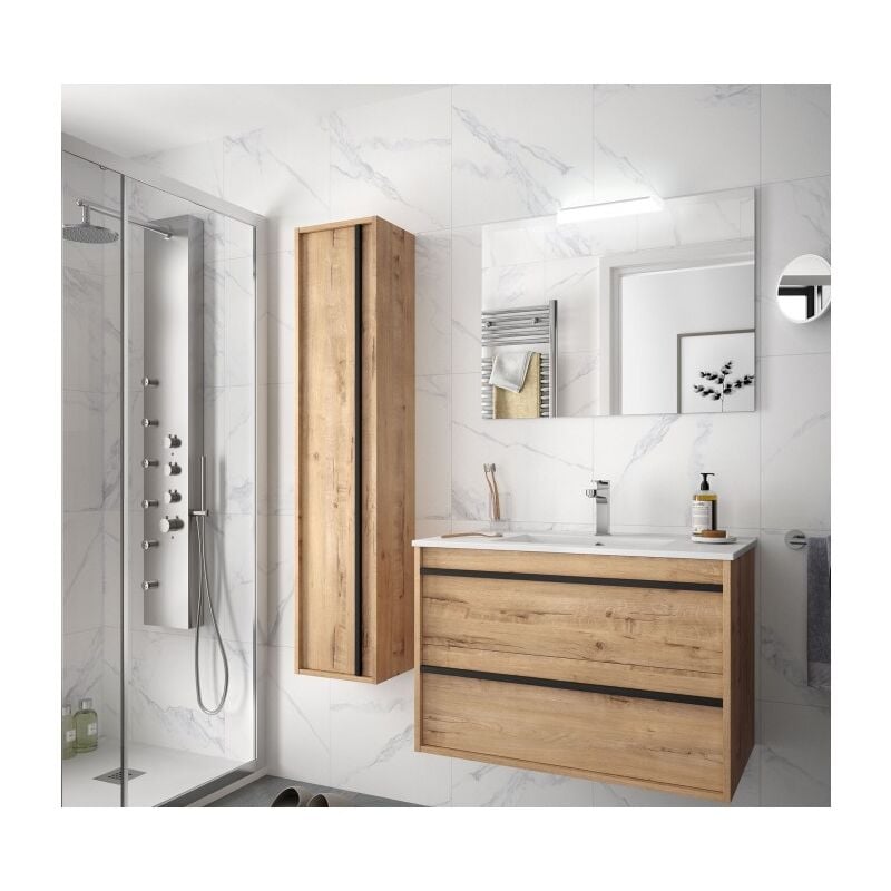 foto del prodotto mobile bagno sospeso 80 cm 2 cassetti in legno rovere ostippo con lavabo a incasso astoria 80 cm con colonna specchio e lampada led