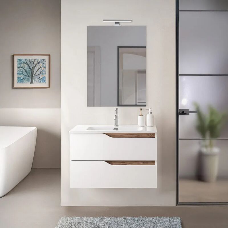 foto del prodotto mobile bagno sospeso 80 cm bianco e quercia con lavabo e specchio sumya