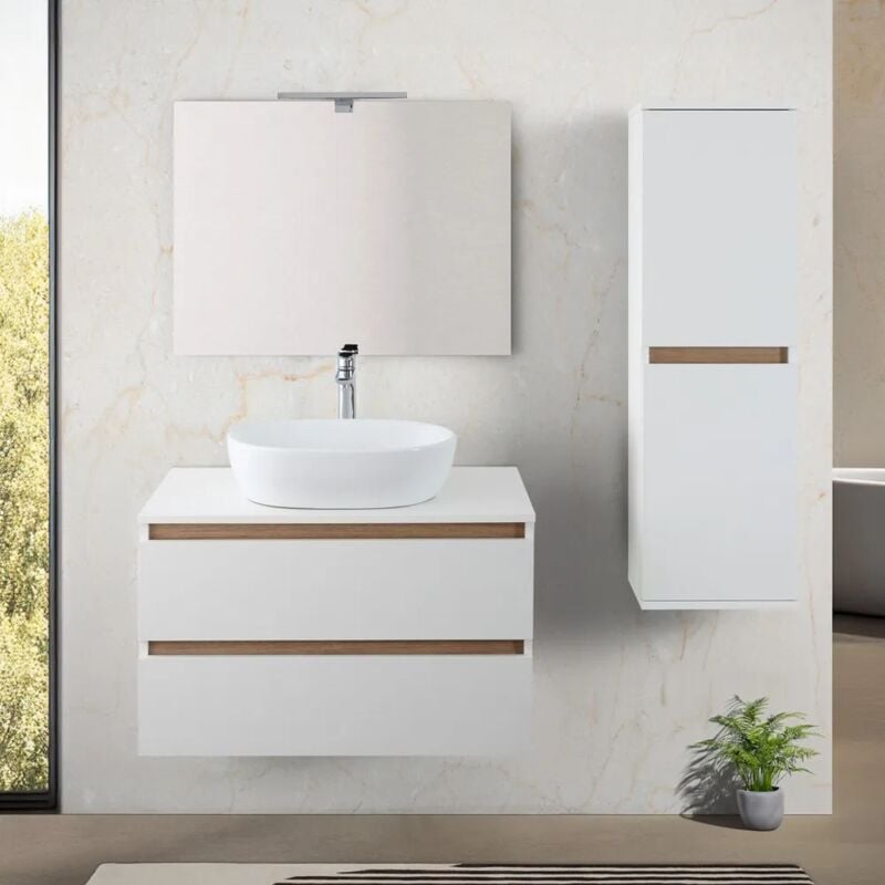 foto del prodotto mobile bagno sospeso 80 cm bianco e rovere con cassetti soft close kleo