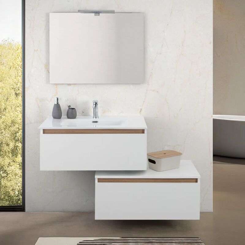 foto del prodotto mobile bagno sospeso 80 cm bianco e rovere con cassetto sfalsato kleo