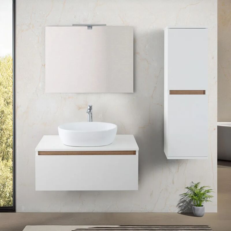 foto del prodotto mobile bagno sospeso 80 cm bianco e rovere con lavabo e specchio kleo