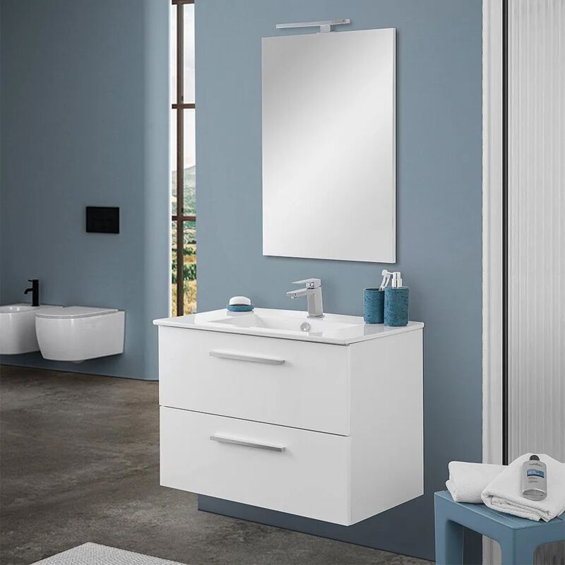 immagine 0 del prodotto mobile bagno sospeso 80 cm bianco lucido 2 cassetti e specchio