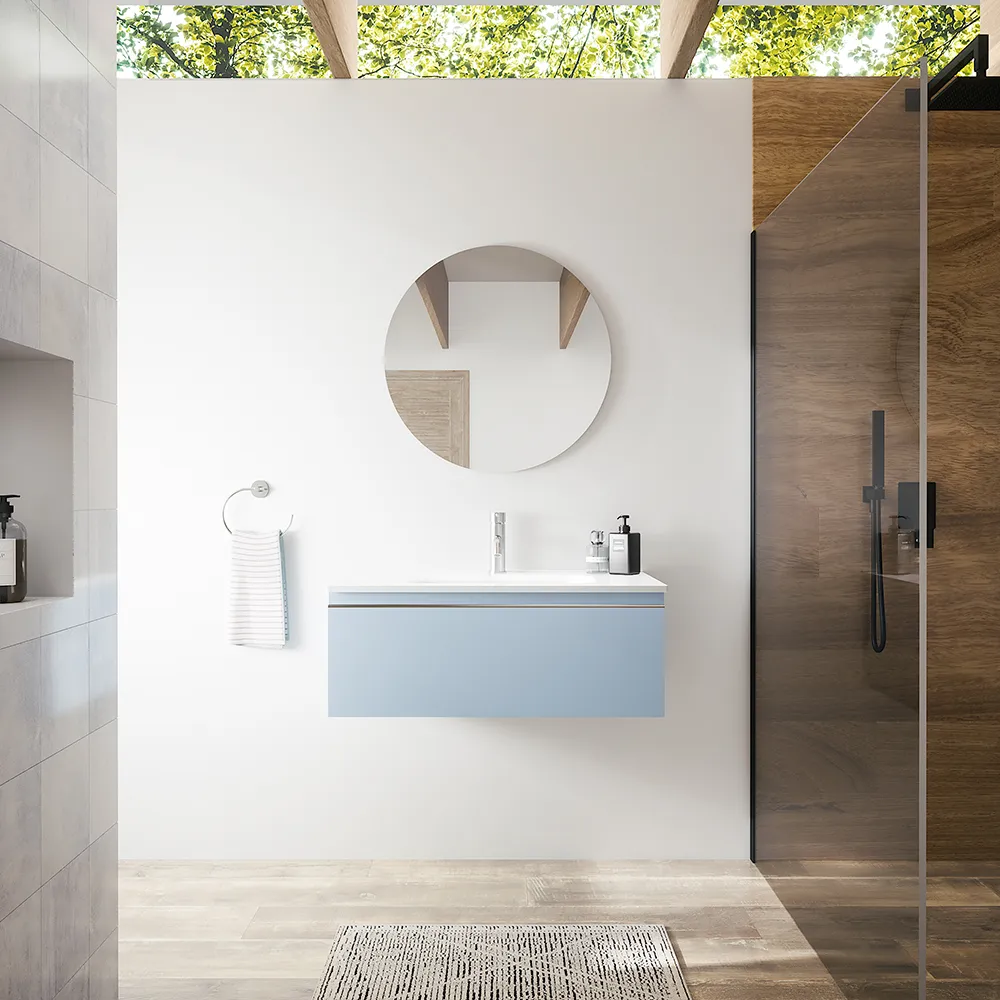 foto del prodotto mobile bagno sospeso 80 cm blu pastello opaco con lavabo darwin