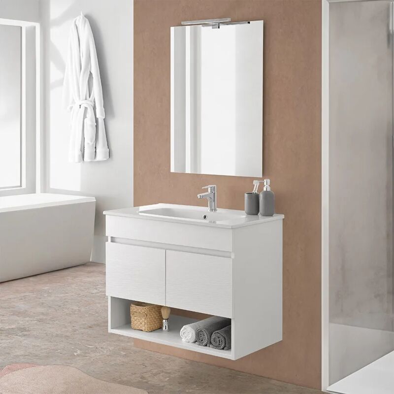immagine 0 del prodotto mobile bagno sospeso 80 cm in legno bianco con lavabo e specchio oasi