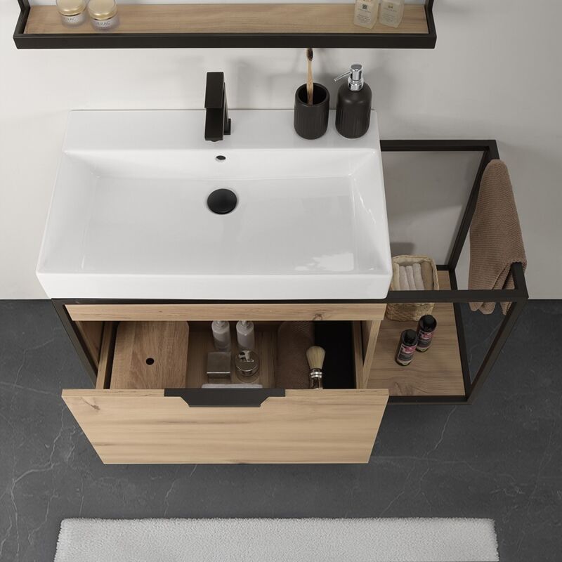 foto del prodotto mobile bagno sospeso 80 cm in legno e metallo nero con specchio zante