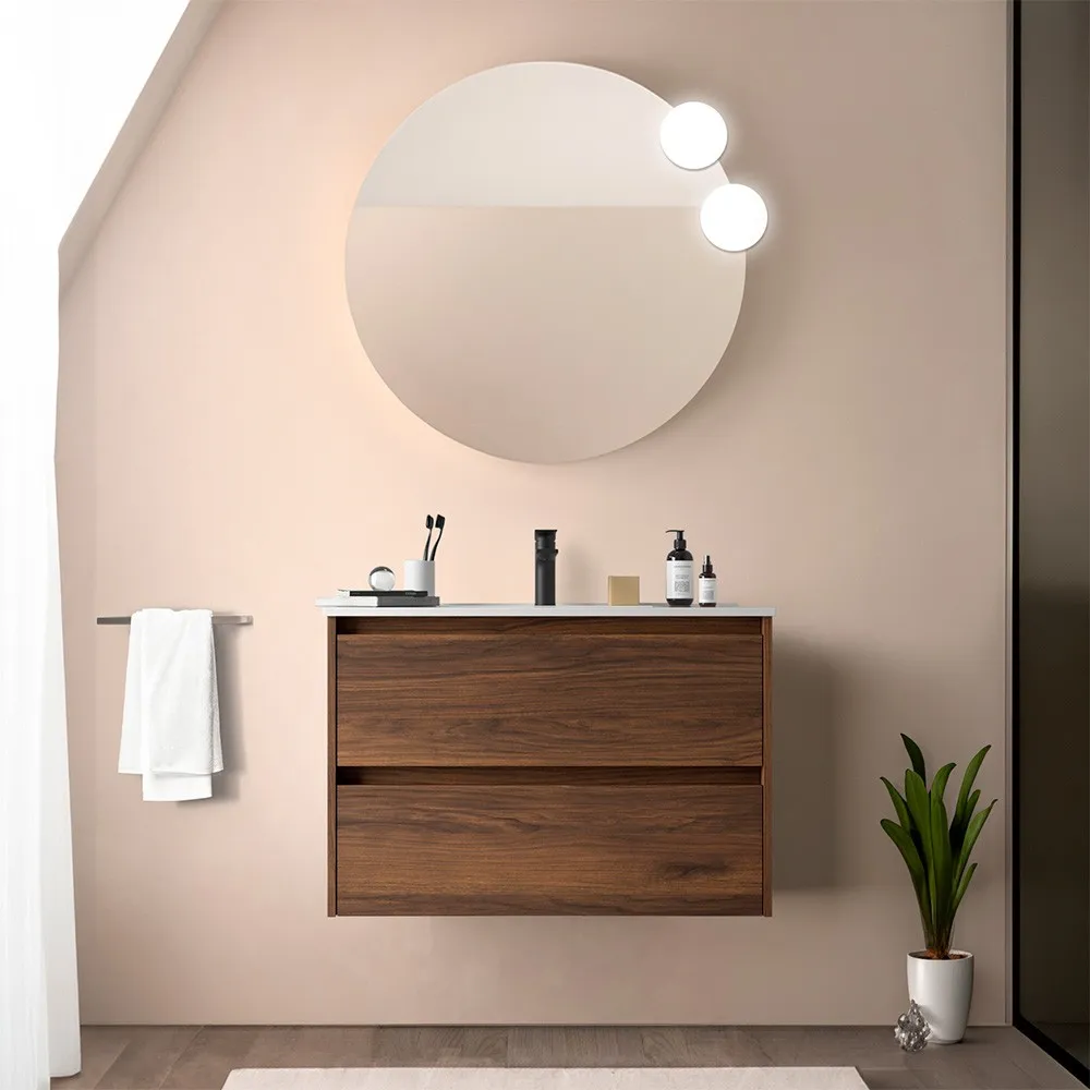 foto del prodotto mobile bagno sospeso 80 cm noce maya con specchio e lavabo gaya