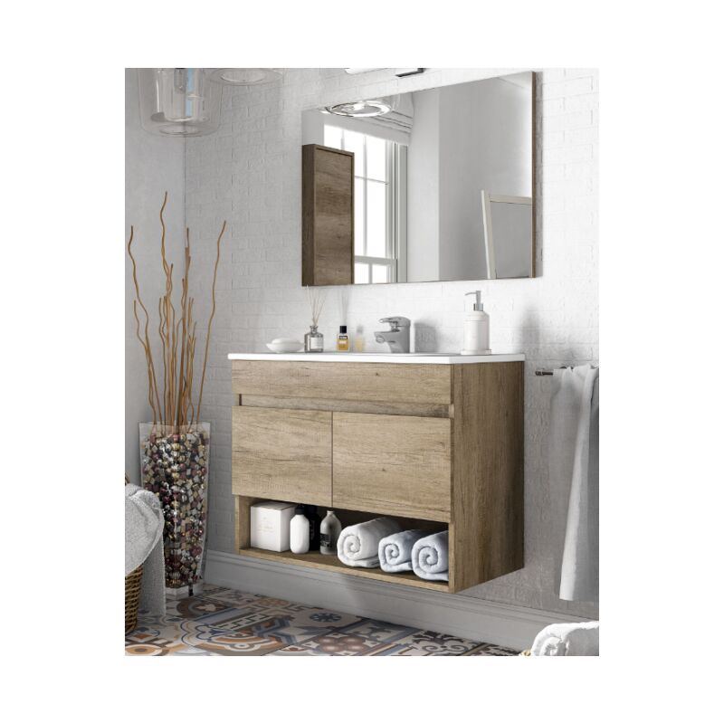 foto del prodotto mobile bagno sospeso 80 cm nordik con specchio - nancy - nordik con colonna e lampada led