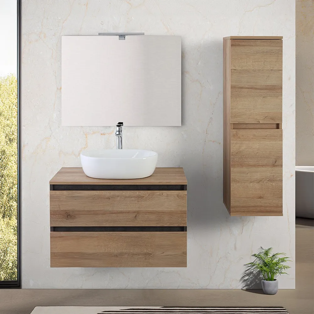 foto del prodotto mobile bagno sospeso 80 cm ossido e rovere con top lavabo e specchio kleo
