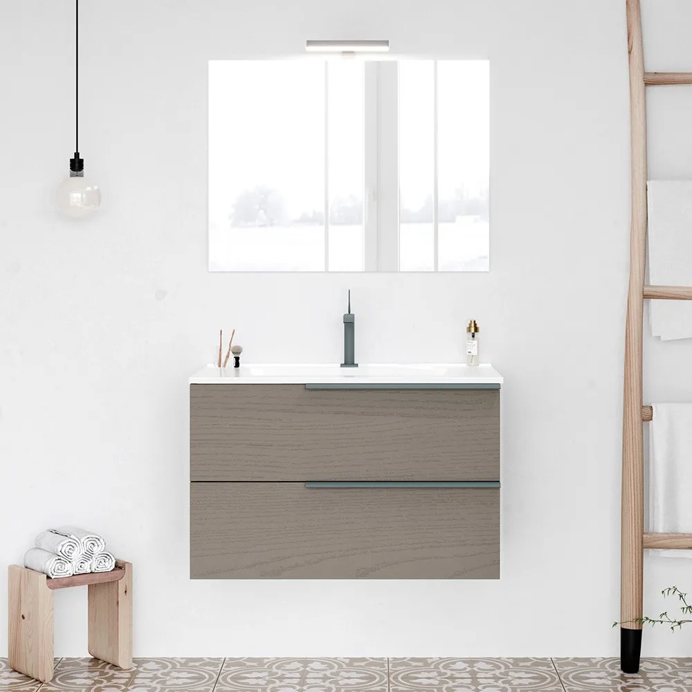 foto del prodotto mobile bagno sospeso 80 fango con lavabo in ceramica e specchio a filo led victoria
