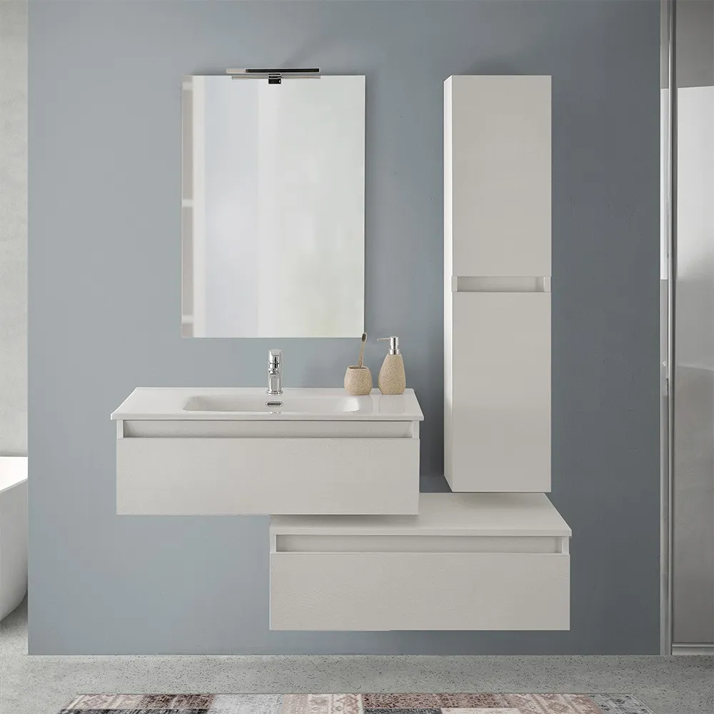 foto del prodotto mobile bagno sospeso 80 rovere bianco con 2 cassetti e pensile nadia