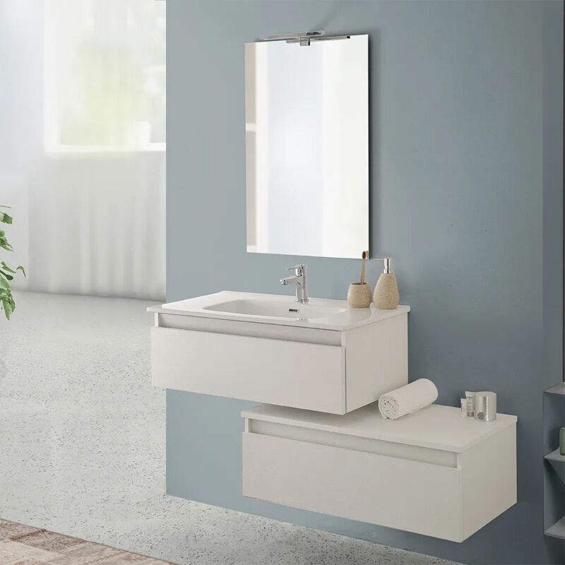 foto del prodotto mobile bagno sospeso 80 rovere bianco con base lavabo e cassetto nadia