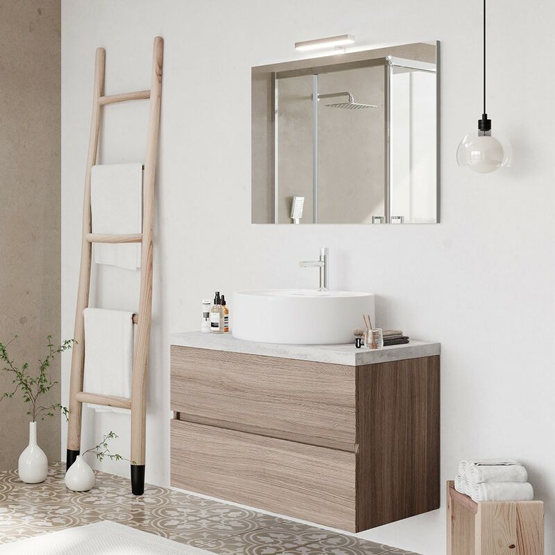 foto del prodotto mobile bagno sospeso 80 rovere fumo top cenere con specchio led town