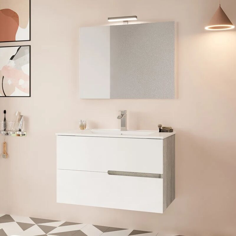 foto del prodotto mobile bagno sospeso 80 rovere grigio e bianco con lavabo e specchio eva