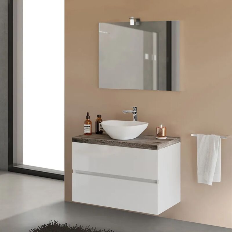 foto del prodotto mobile bagno sospeso 80 town bianco top rovere fossile per lavabo d appoggio