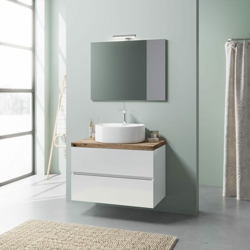foto del prodotto mobile bagno sospeso 80cm bianco lucido, lavabo, specchio 80x60 elba