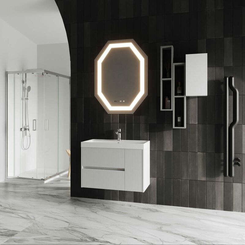 foto del prodotto mobile bagno sospeso 80cm cannettato bianco con specchio led cortina